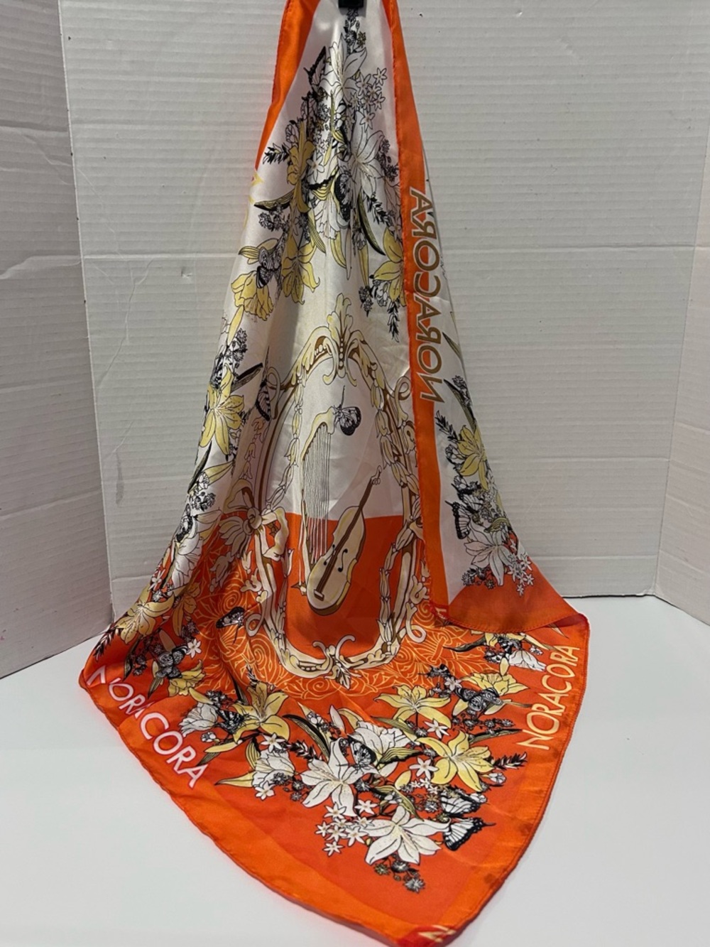 Noracora Orange Floral Silk Scarf 21” x 21”